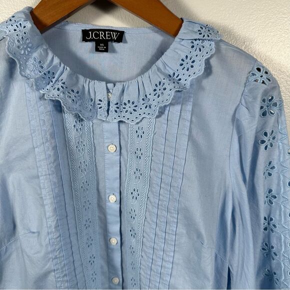 J. Crew Blue Eyelet-Trim Button-Up Shirt Size XS Cottagecore Prairie Feminine - Picture 12 of 15